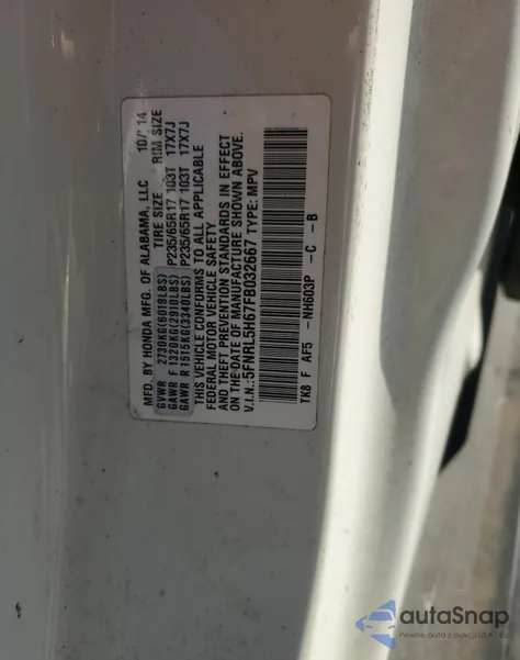 2015 Honda Odyssey Exl из США, поврежденный, VIN 5FNRL5H67FB032667